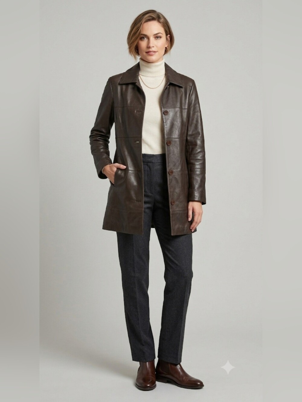 Vintage Danier Mid-length Leather Jacket Trench Coat w Pockets Sz S Dark Brown